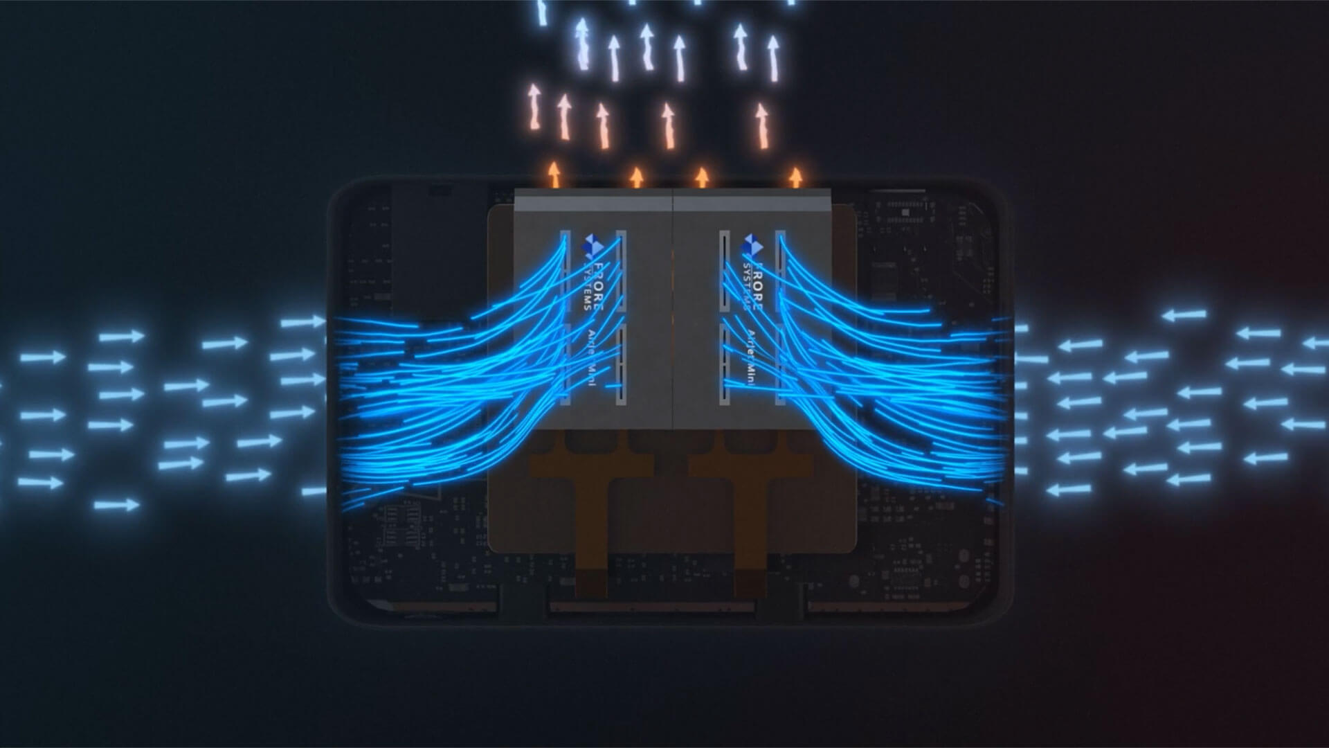 Ambient air rushes over the PCB and enters the AirJet Mini, actively removing heat from the processor and keeping the skin temperature low before being ejected completely saturated with heat.