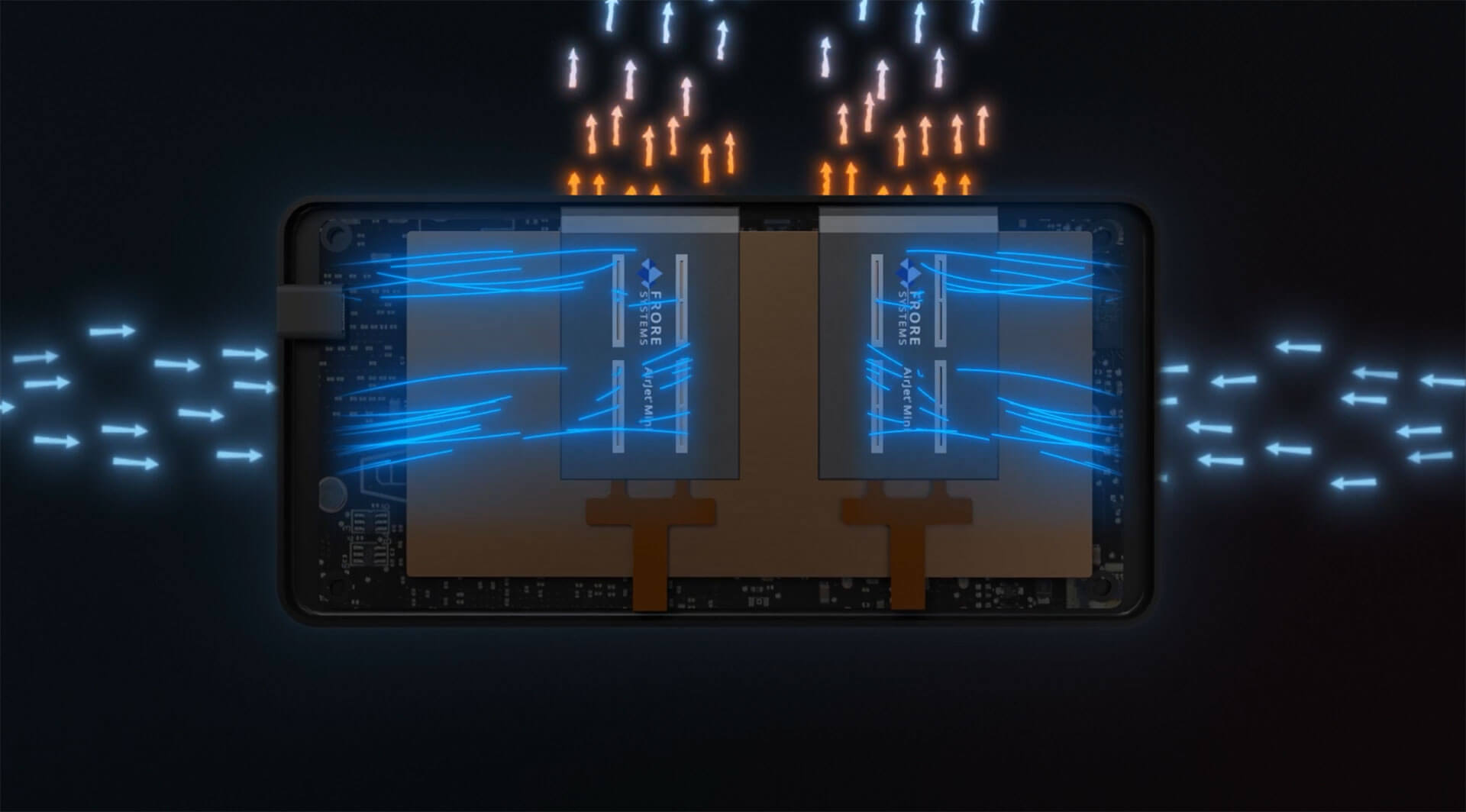 Ambient air rushes over the PCB and enters the AirJet Mini, keeping the skin temperature low and actively removing heat from the processor before being ejected completely saturated with heat.